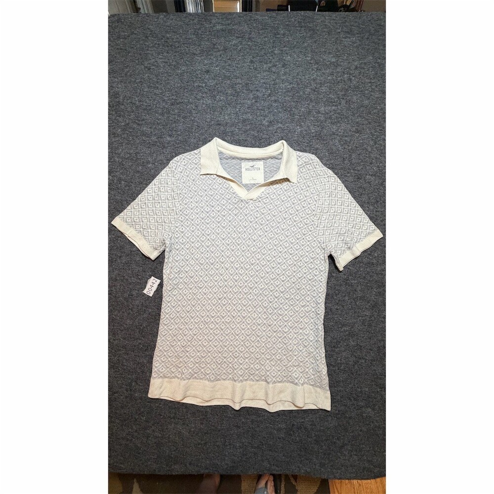 Hollister Polo Shirt Mens L Gray Ivory Geometric Textured Knit Short